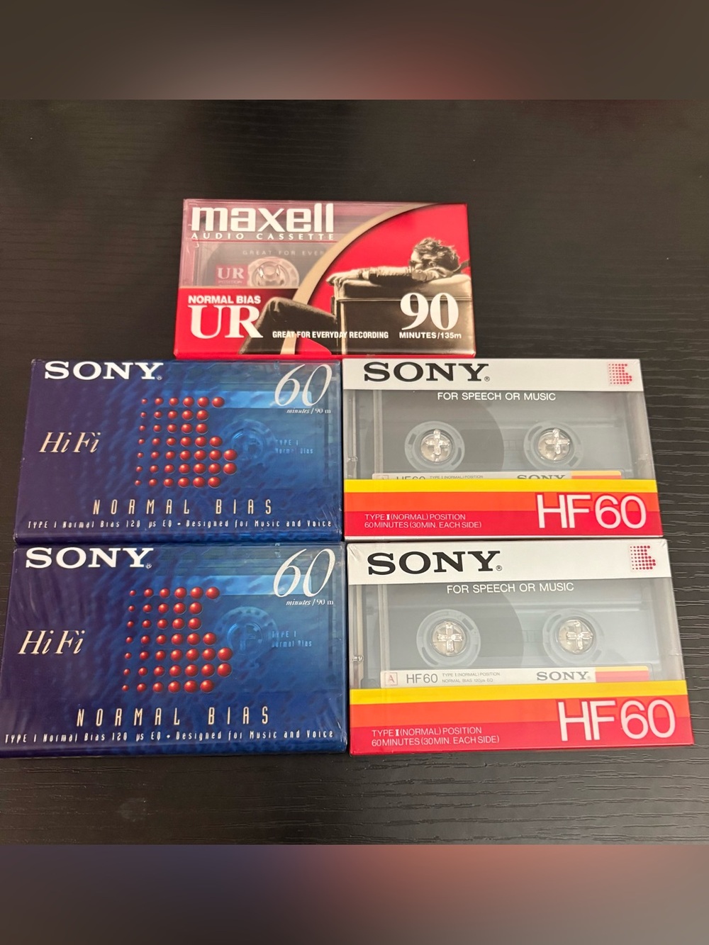 ALL NEW (2) SONY C-60HFB, (2) SONY HF-60, (1) MAXELL UR90 cassette tapes Type 1